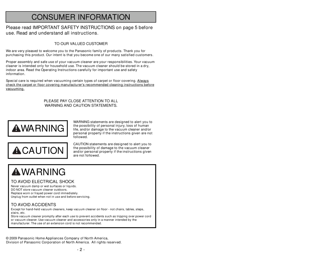 Panasonic MC-UG693 manuel dutilisation Consumer Information 