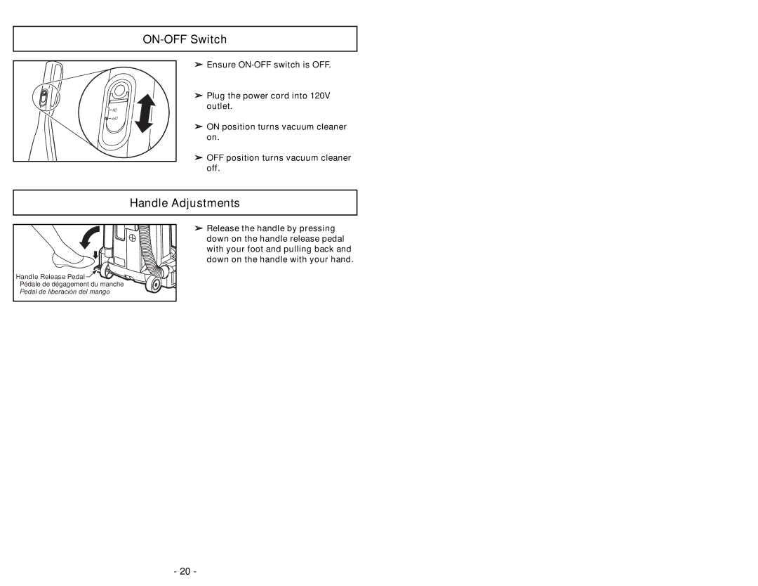 Panasonic MC-UG693 manuel dutilisation ON-OFF Switch, Handle Adjustments 