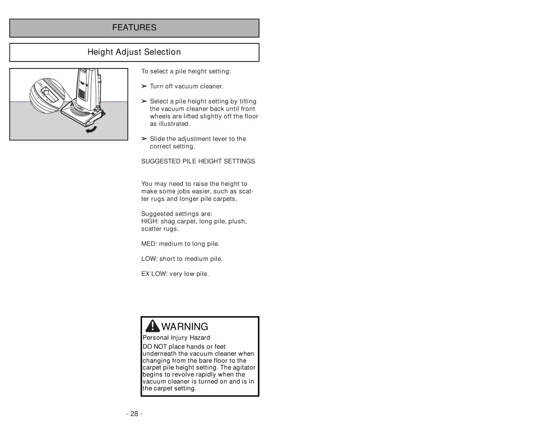 Panasonic MC-UG693 manuel dutilisation Features, Height Adjust Selection 