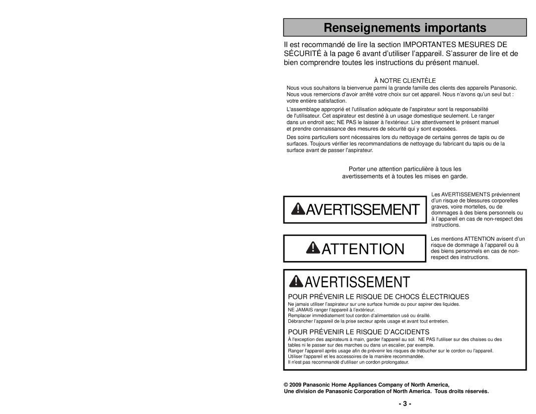 Panasonic MC-UG693 manuel dutilisation Avertissement 