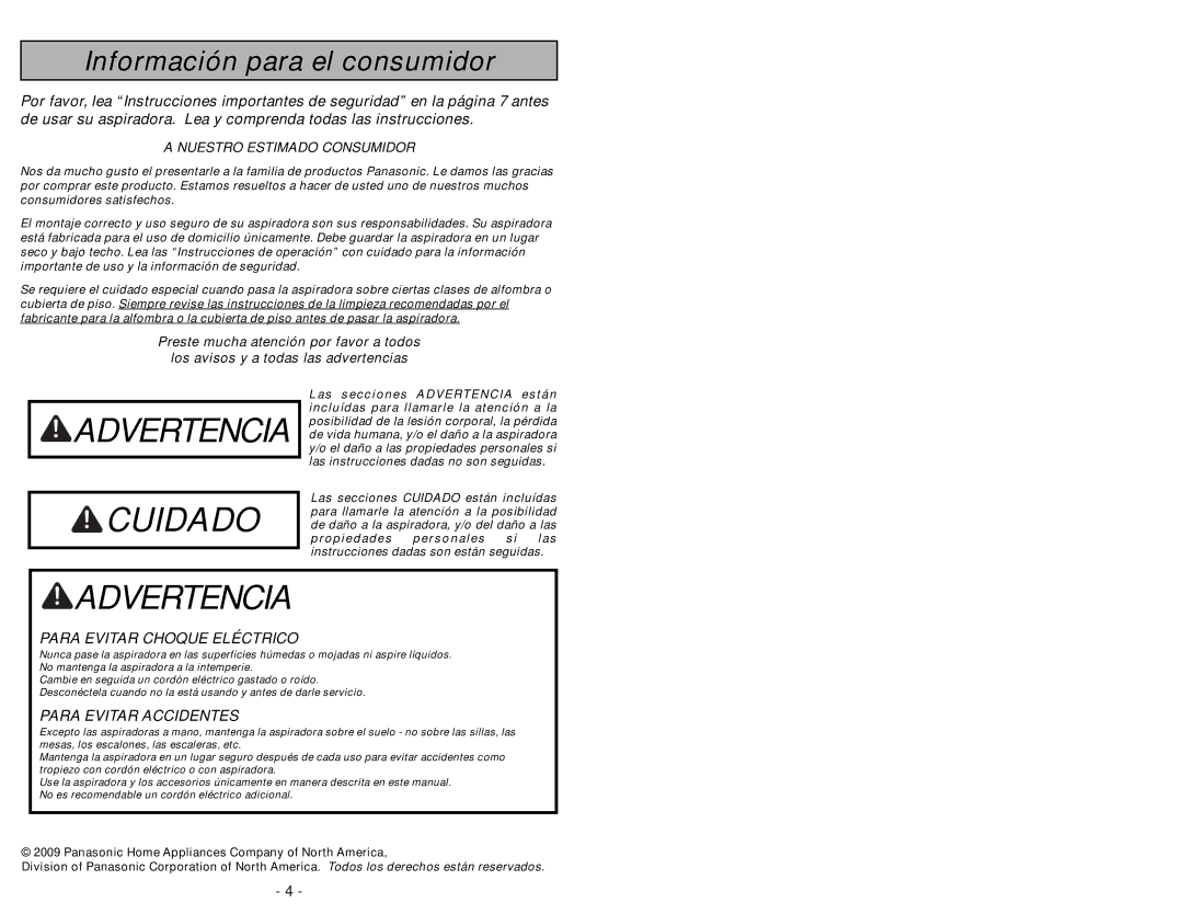 Panasonic MC-UG693 manuel dutilisation Advertencia Cuidado 