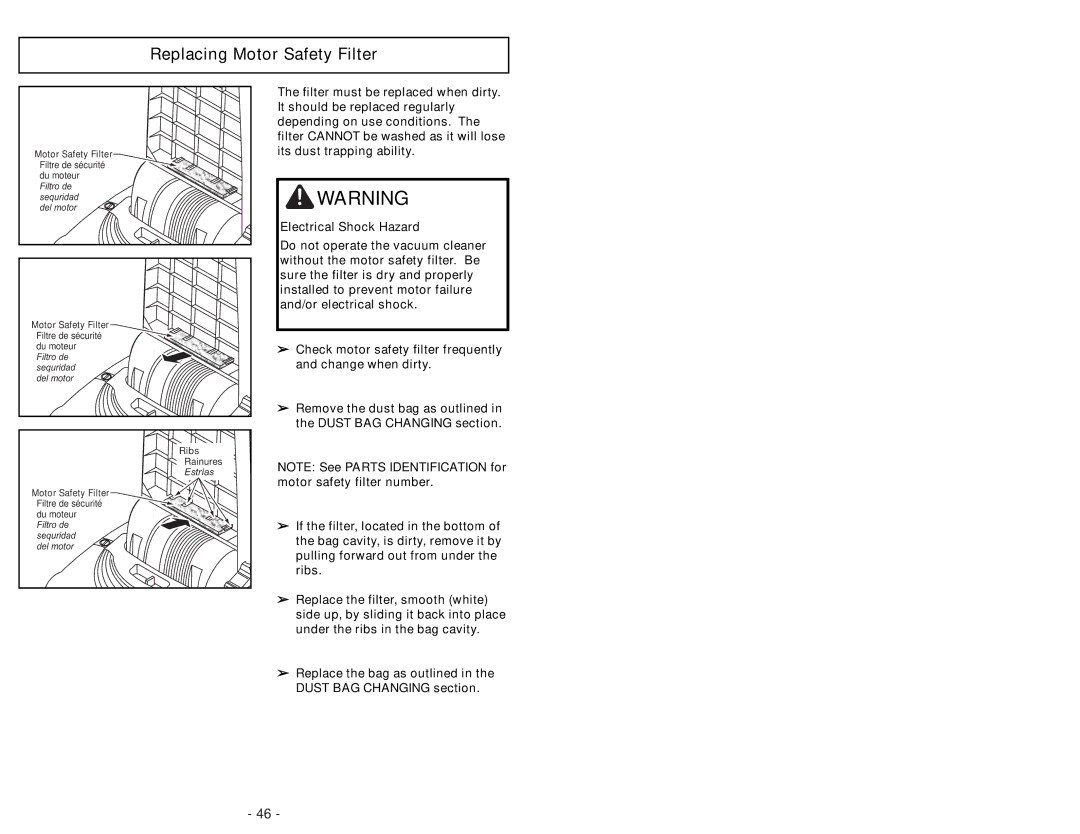 Panasonic MC-UG693 manuel dutilisation Replacing Motor Safety Filter 