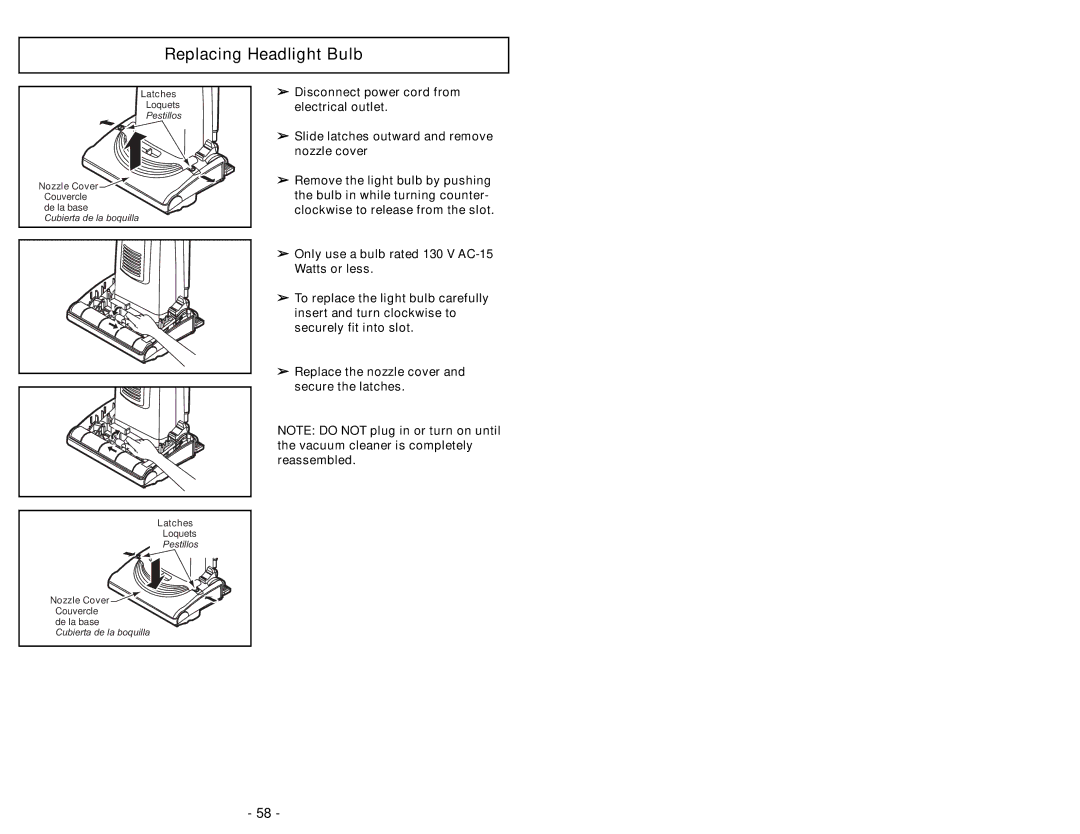 Panasonic MC-UG693 manuel dutilisation Replacing Headlight Bulb 