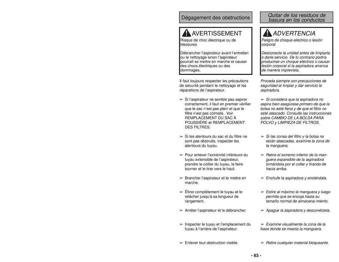 Panasonic MC-UG693 manuel dutilisation Dégagement des obstructions, Quitar de los residuos de basura en los conductos 