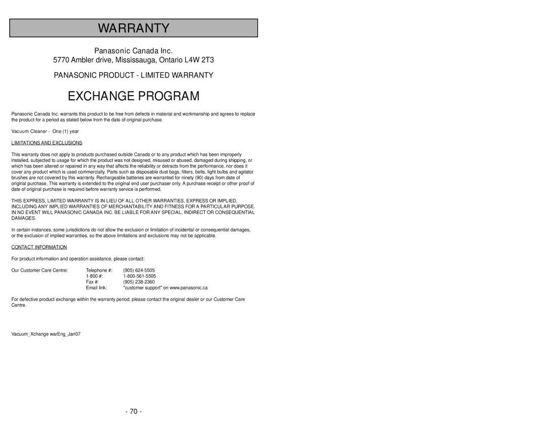 Panasonic MC-UG693 manuel dutilisation Exchange Program 