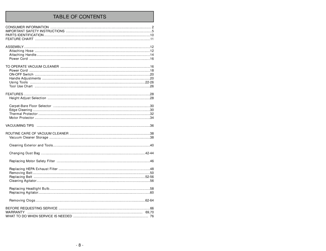 Panasonic MC-UG693 manuel dutilisation Table of Contents 