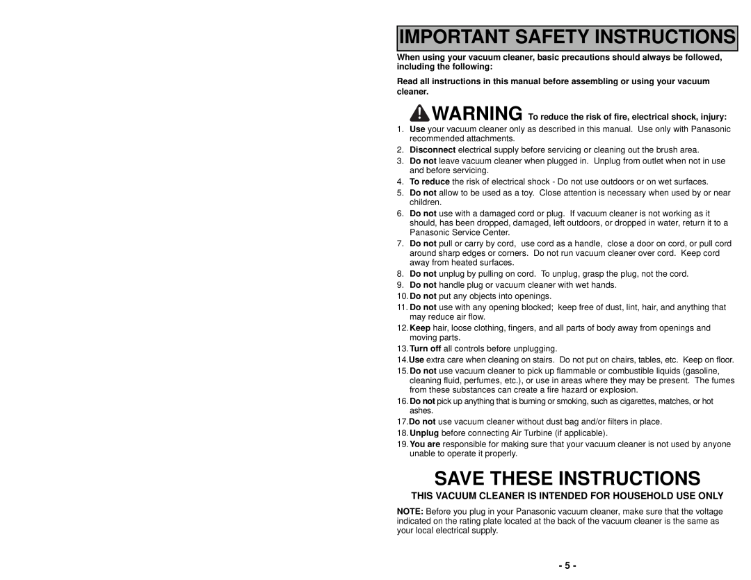 Panasonic MC-UG693 manuel dutilisation Save These Instructions, Important Safety Instructions 