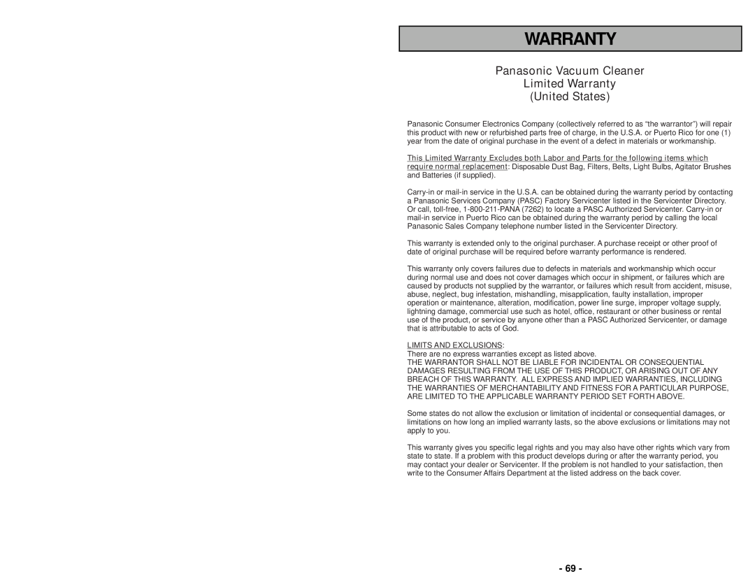 Panasonic MC-UG693 manuel dutilisation Panasonic Vacuum Cleaner Limited Warranty, United States 