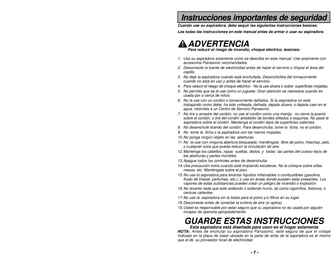 Panasonic MC-UG693 manuel dutilisation Advertencia, Guarde Estas Instrucciones, Instrucciones importantes de seguridad 