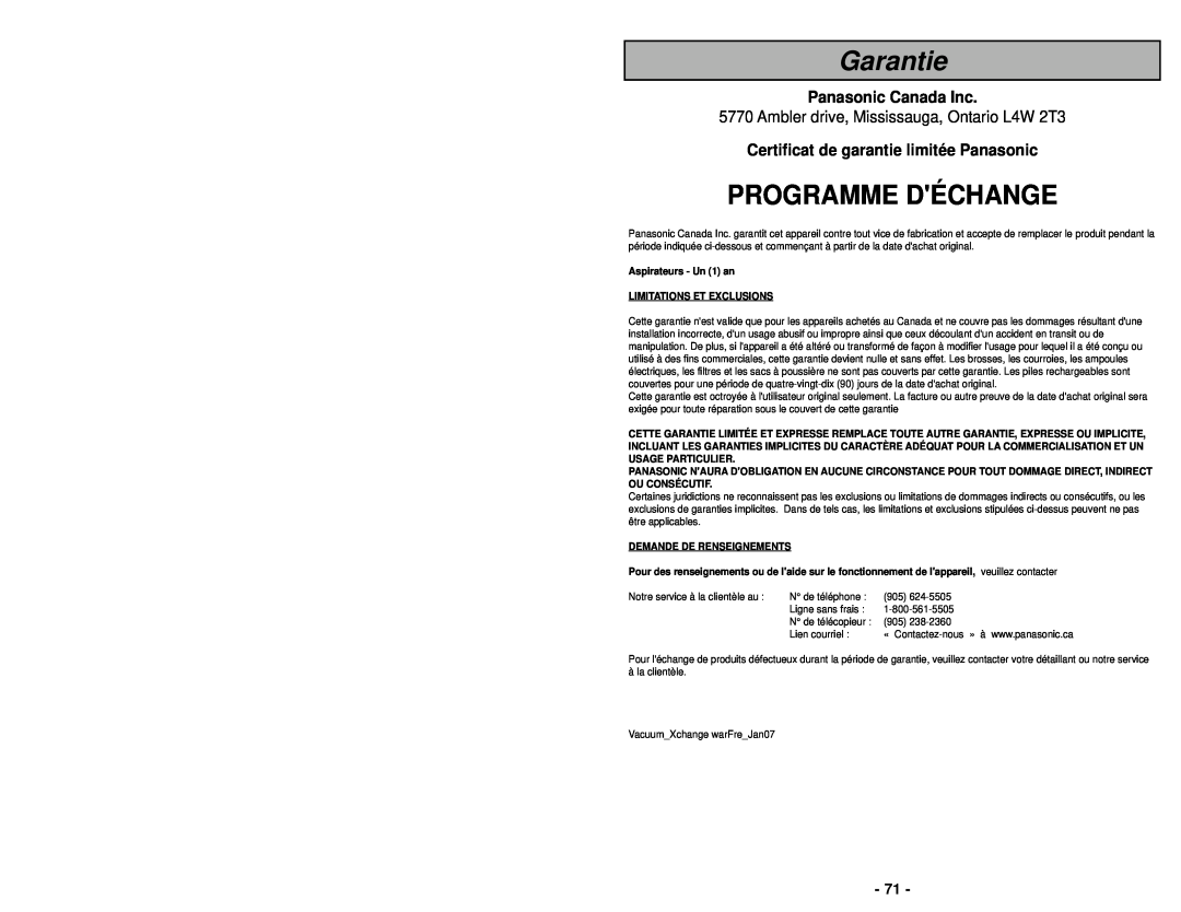 Panasonic MC-UG693 Garantie, Programme Déchange, Certificat de garantie limitée Panasonic, Panasonic Canada Inc 