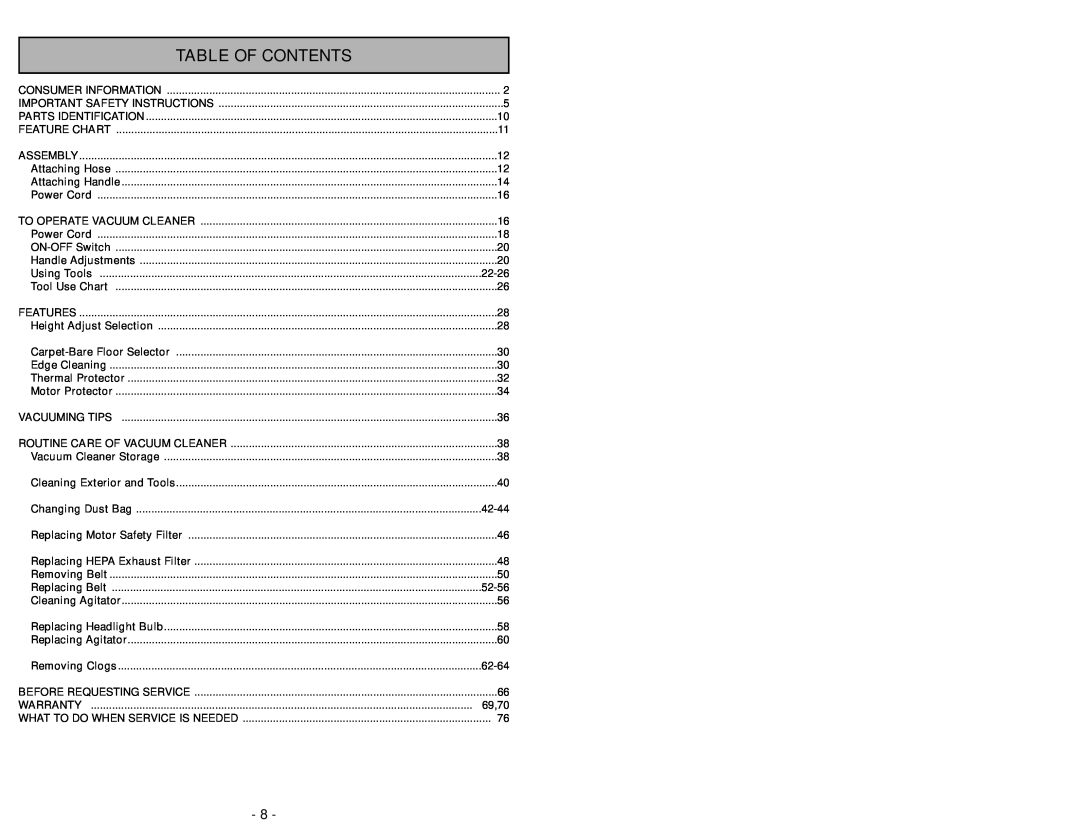 Panasonic MC-UG693 manuel dutilisation Table Of Contents 