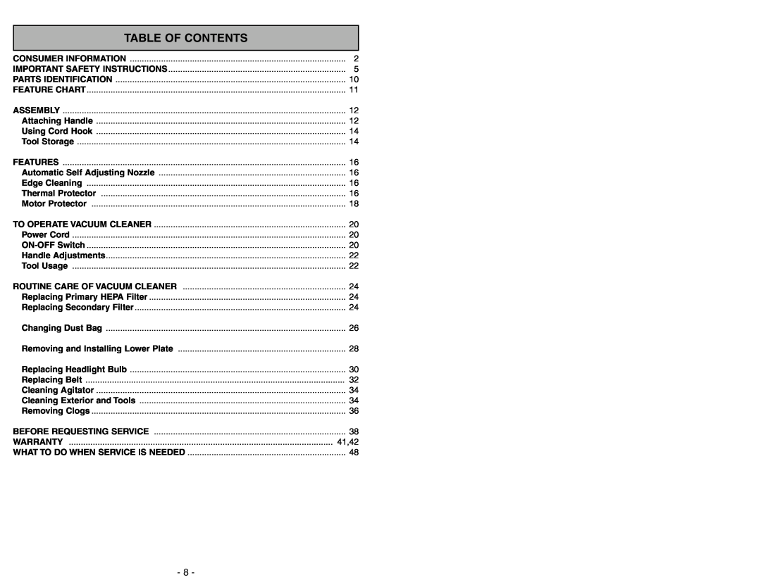 Panasonic MC-UG773 operating instructions Table Of Contents 