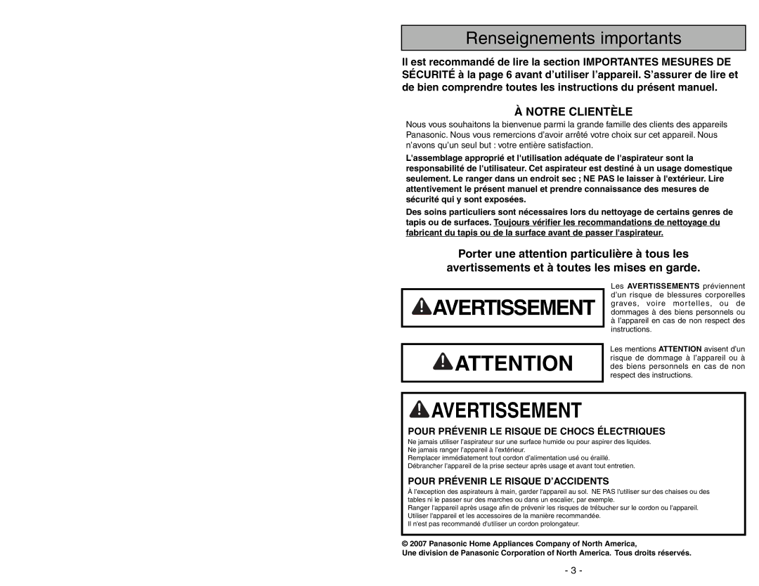 Panasonic MC-UG775 manuel dutilisation Renseignements importants, Notre Clientèle 