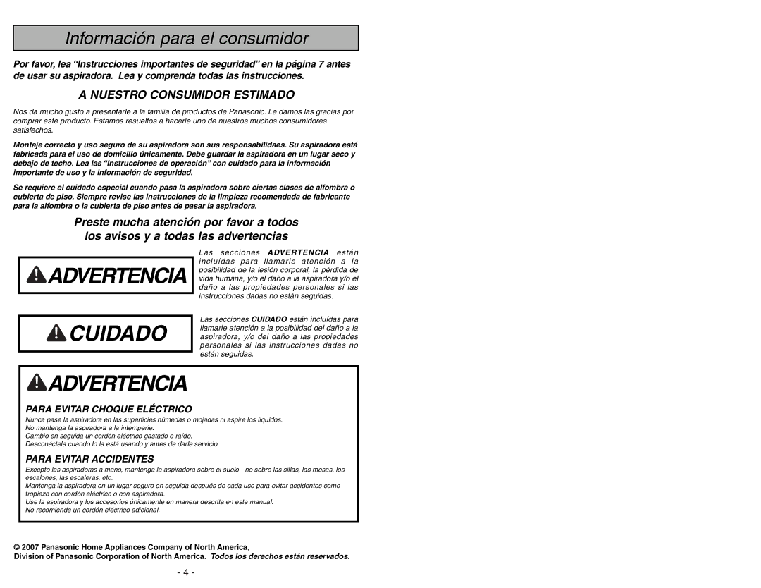 Panasonic MC-UG775 manuel dutilisation Advertencia Cuidado 