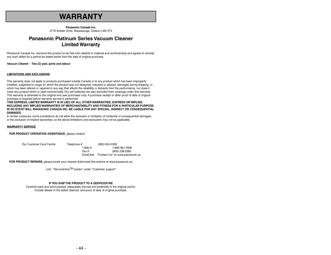 Panasonic MC-UG775 manuel dutilisation Panasonic Platinum Series Vacuum Cleaner, Limited Warranty 