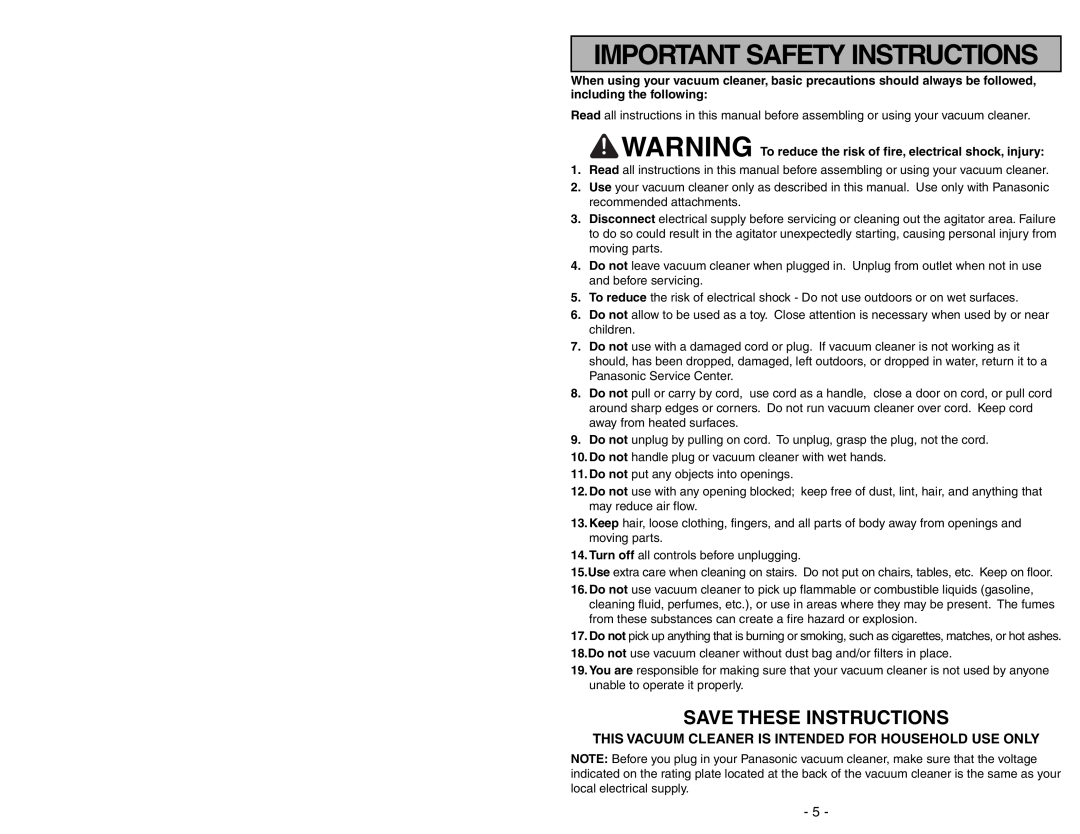 Panasonic MC-UG775 manuel dutilisation Save These Instructions, Important Safety Instructions 