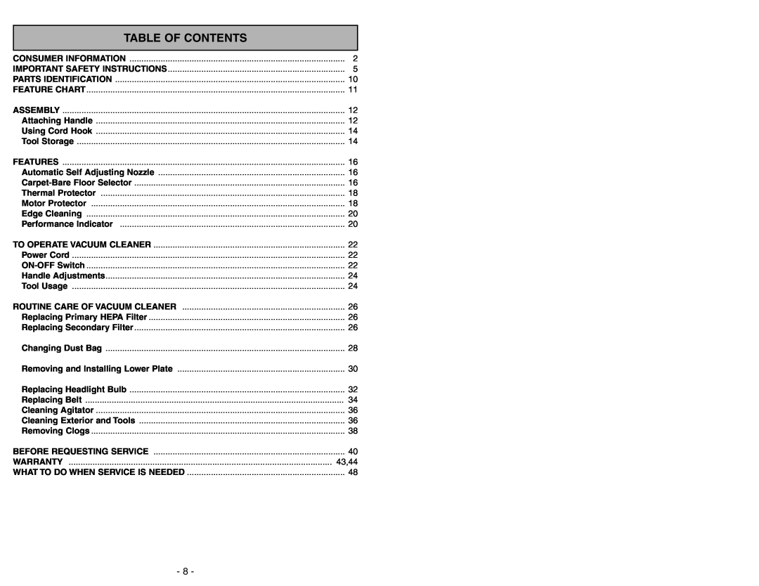 Panasonic MC-UG775 manuel dutilisation Table Of Contents 