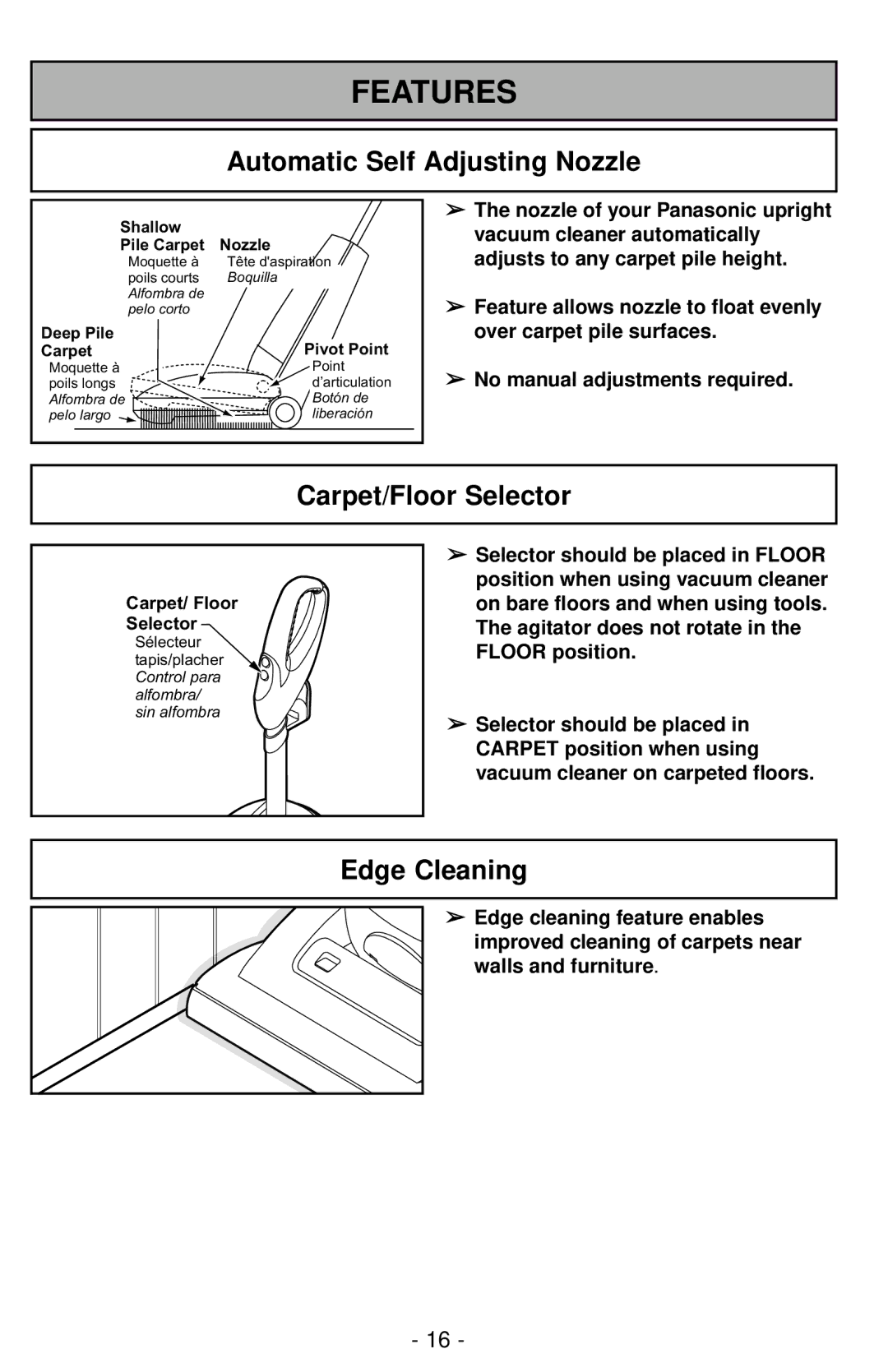 Panasonic MC-UG787 manuel dutilisation Automatic Self Adjusting Nozzle, Carpet/Floor Selector, Edge Cleaning 