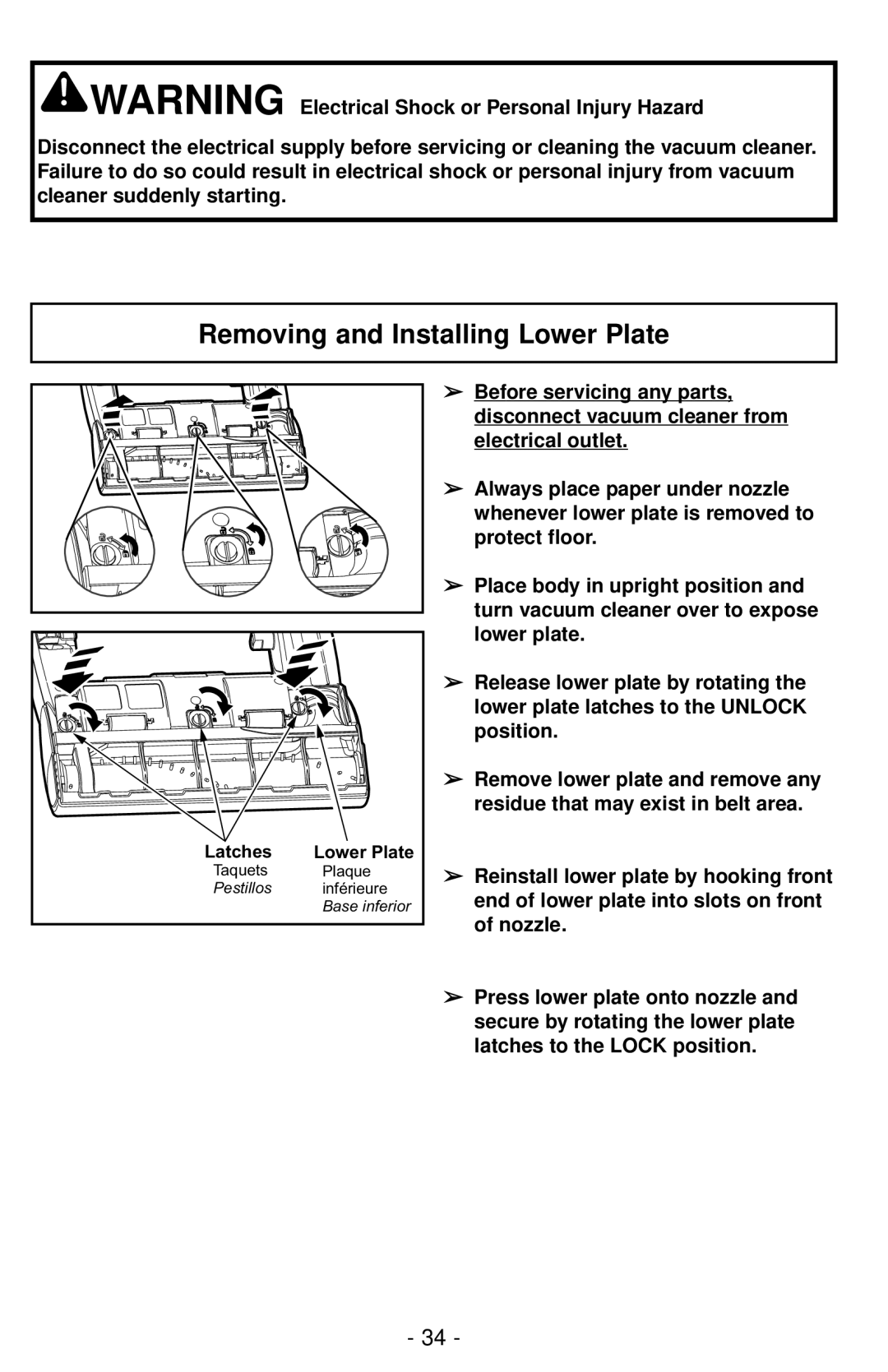 Panasonic MC-UG787 manuel dutilisation Removing and Installing Lower Plate 