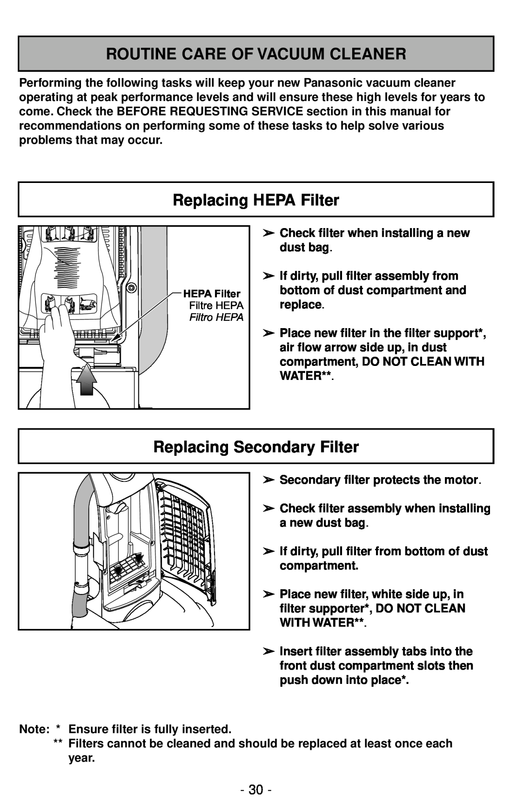 Panasonic MC-UG787 manuel dutilisation Routine Care Of Vacuum Cleaner, Replacing HEPA Filter, Replacing Secondary Filter 