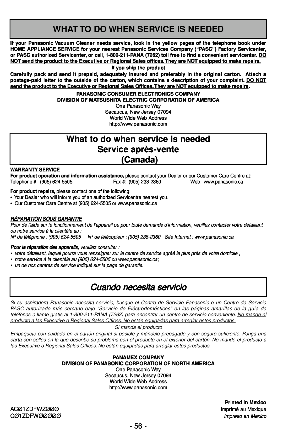 Panasonic MC-UG787 What To Do When Service Is Needed, What to do when service is needed, Service après-venteCanada 