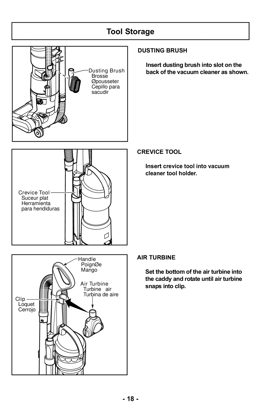 Panasonic MC-UL425 manuel dutilisation Tool Storage, Crevice Tool 