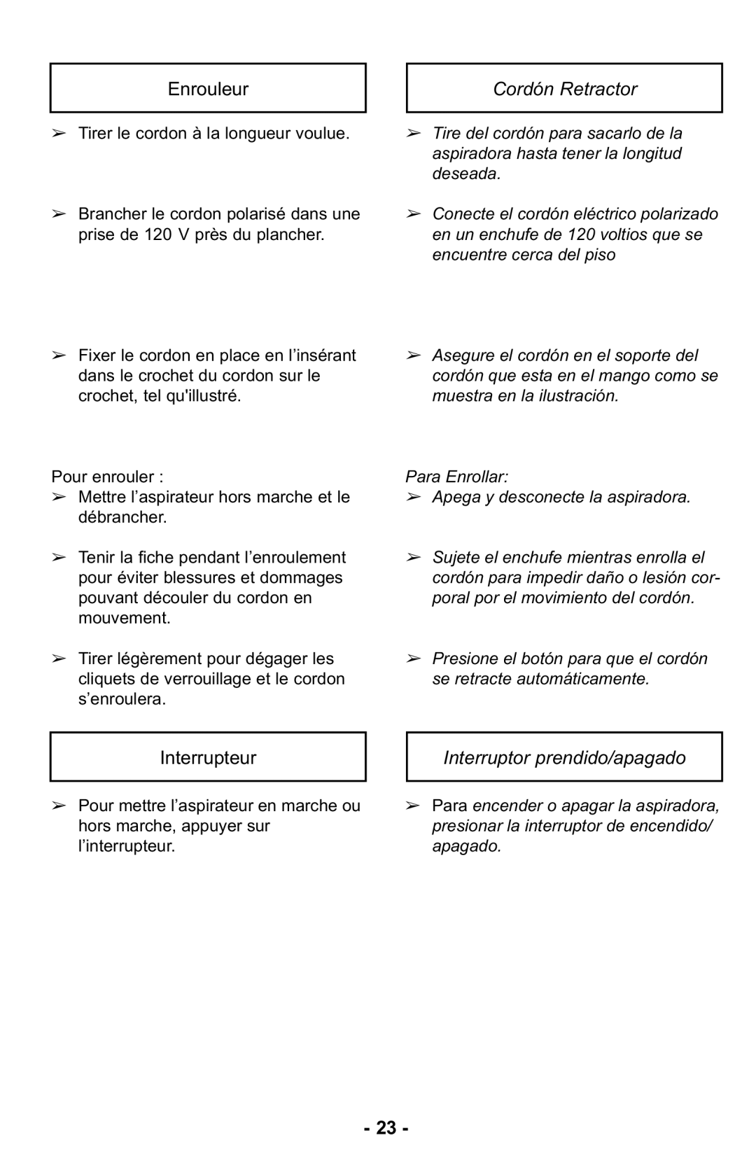 Panasonic MC-UL425 manuel dutilisation Enrouleur, Cordón Retractor, Interrupteur, Interruptor prendido/apagado 