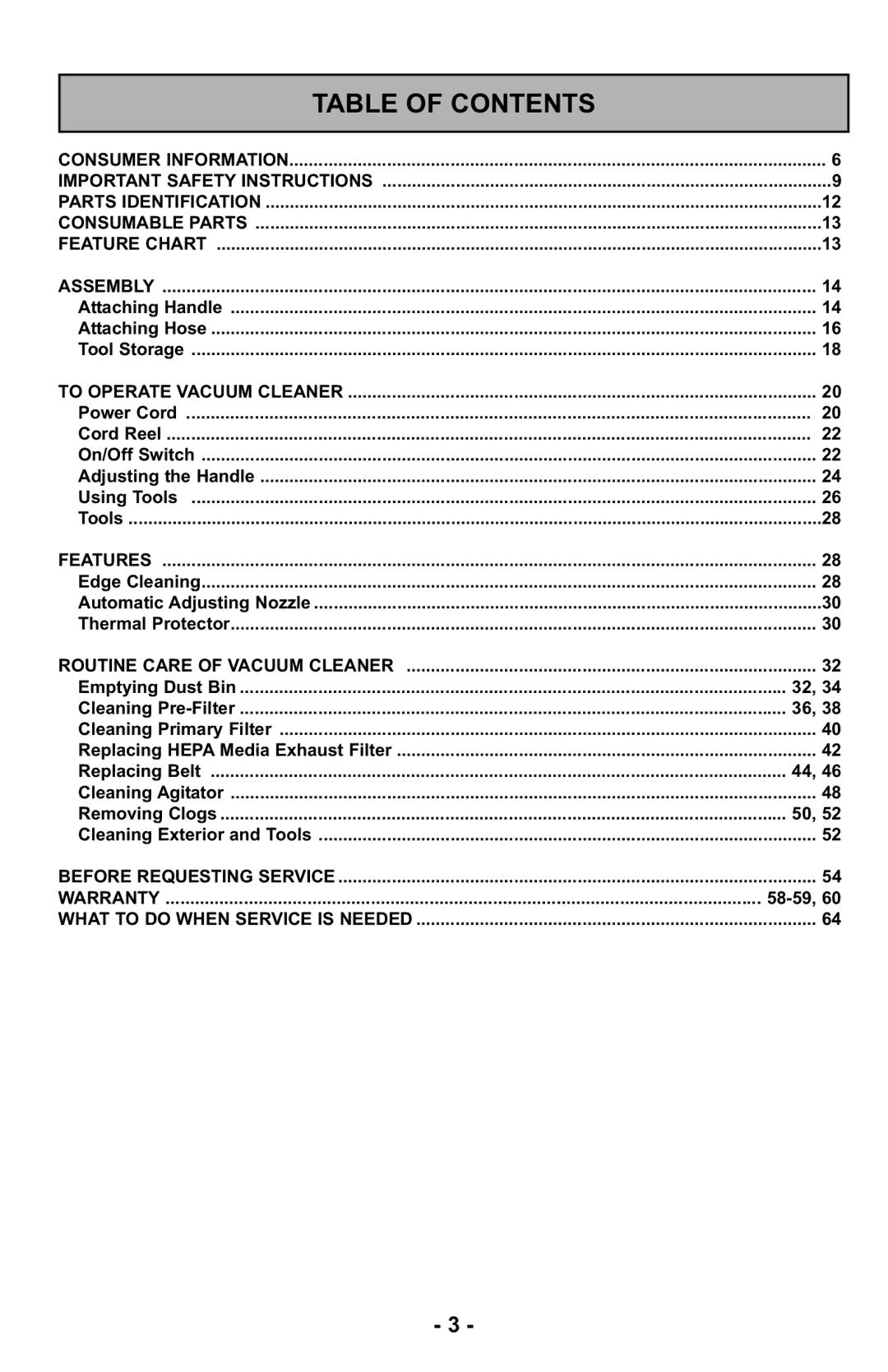 Panasonic MC-UL425 manuel dutilisation Table of Contents 