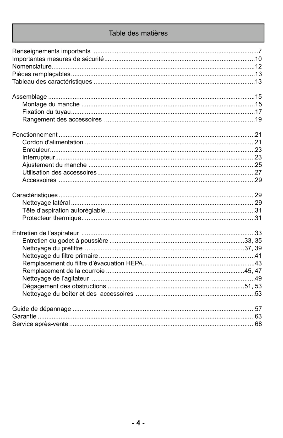 Panasonic MC-UL425 manuel dutilisation Table des matières 