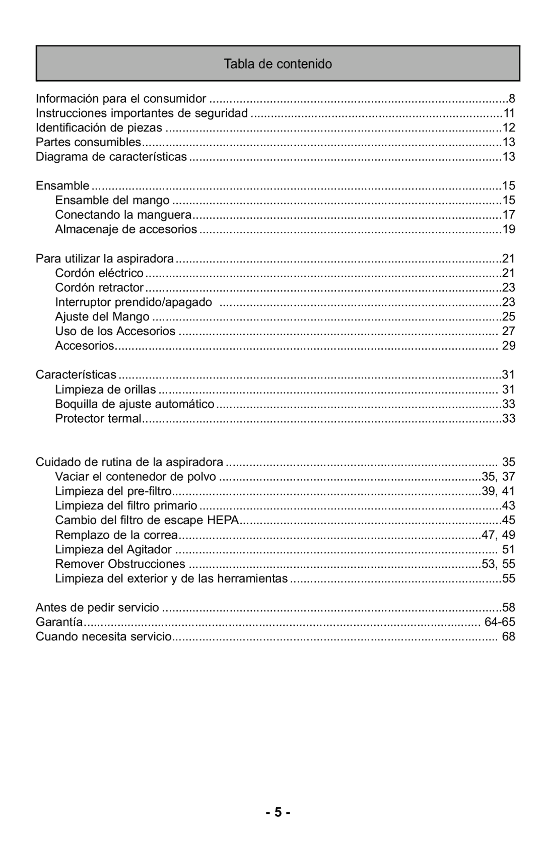 Panasonic MC-UL425 manuel dutilisation Tabla de contenido 