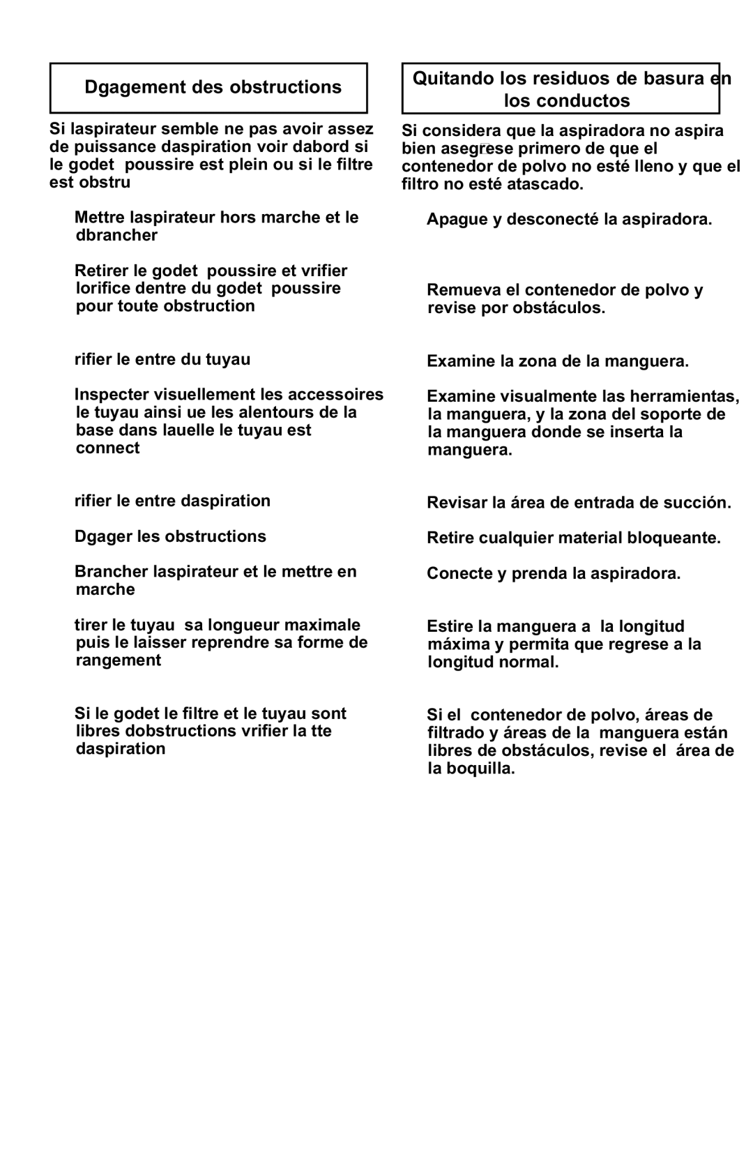 Panasonic MC-UL425 manuel dutilisation Dégagement des obstructions, Quitando los residuos de basura en Los conductos 