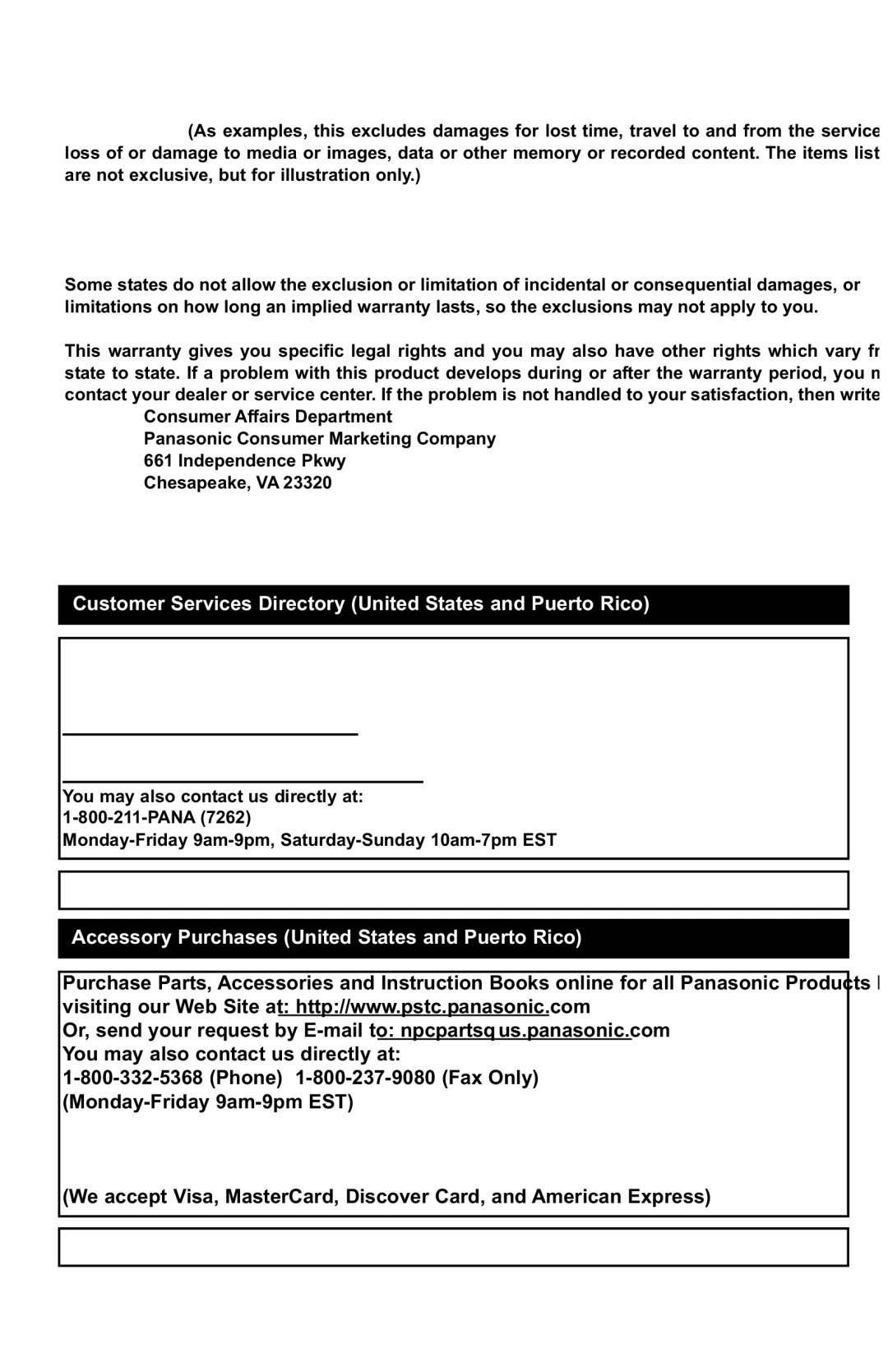 Panasonic MC-UL425 manuel dutilisation Customer Services Directory United States and Puerto Rico 