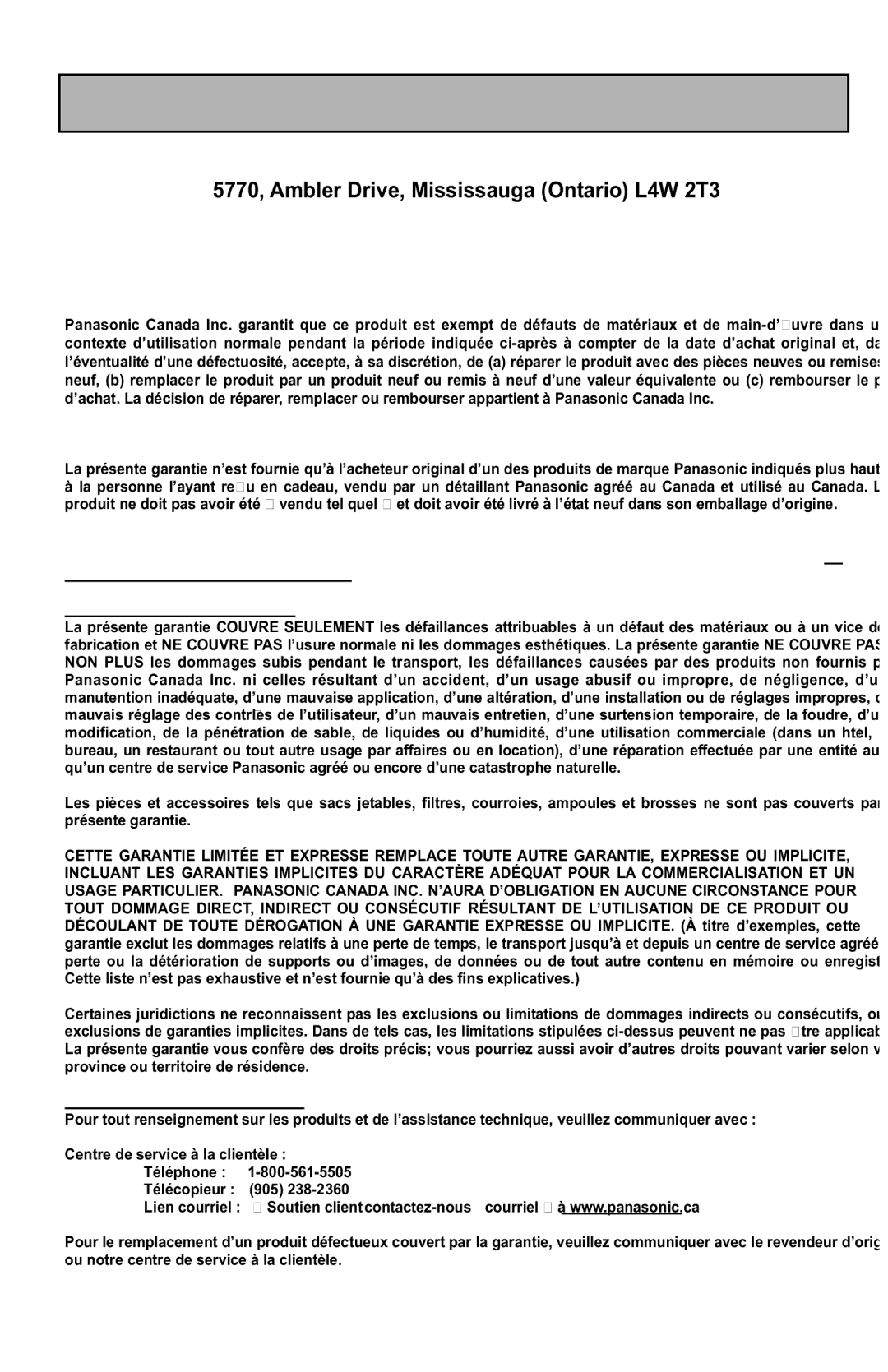 Panasonic MC-UL425 manuel dutilisation Programme D’ÉCHANGE, Garantie 