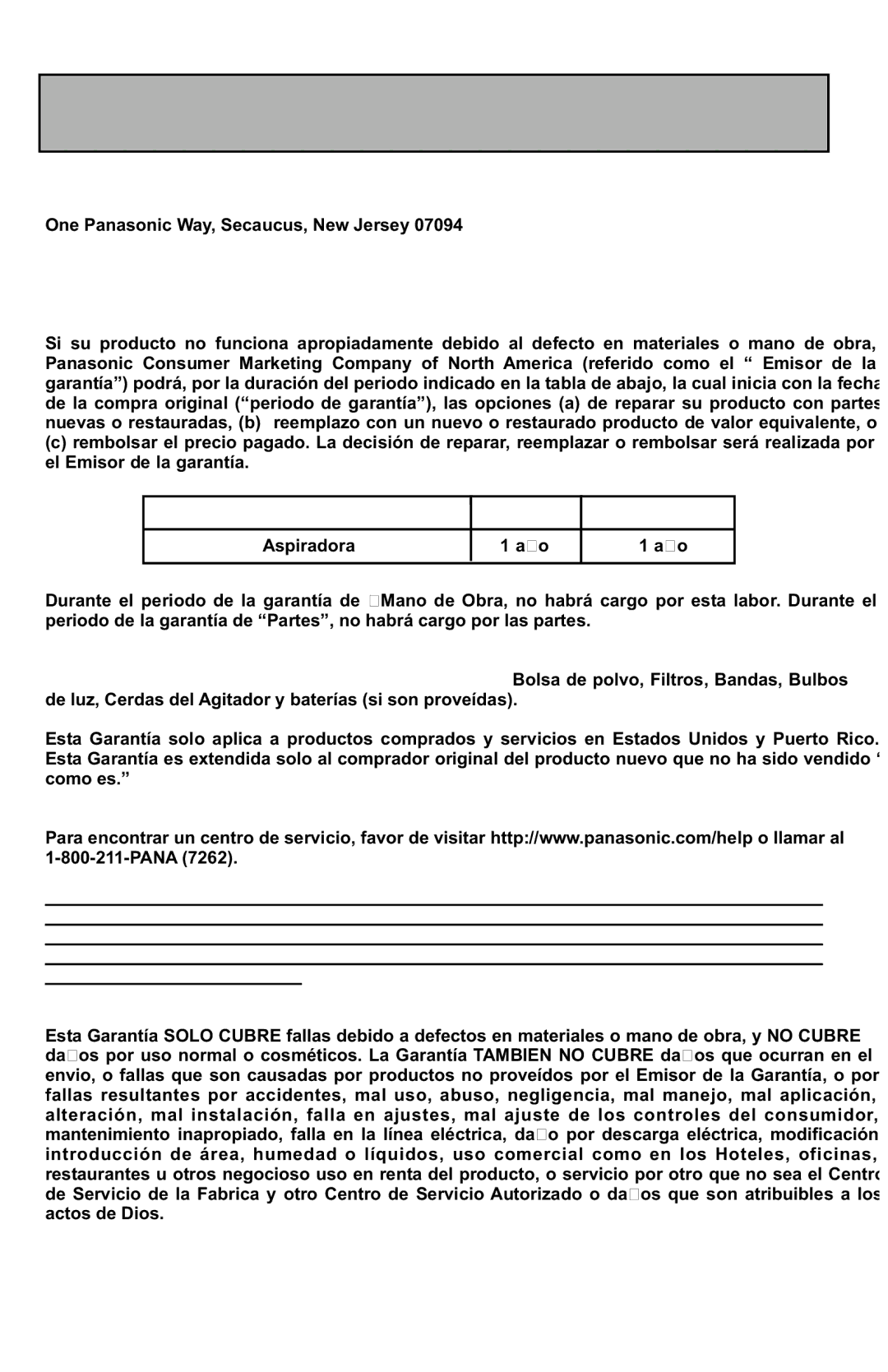 Panasonic MC-UL425 manuel dutilisation Garantía Limitada, Solo Para Estados Unidos Y Puerto Rico 