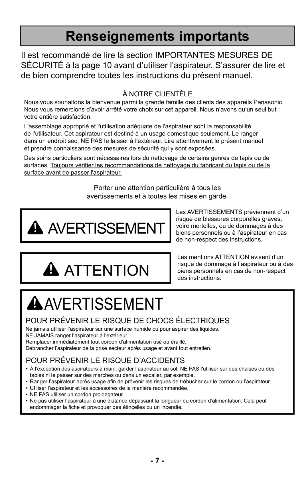 Panasonic MC-UL425 manuel dutilisation Avertissement 