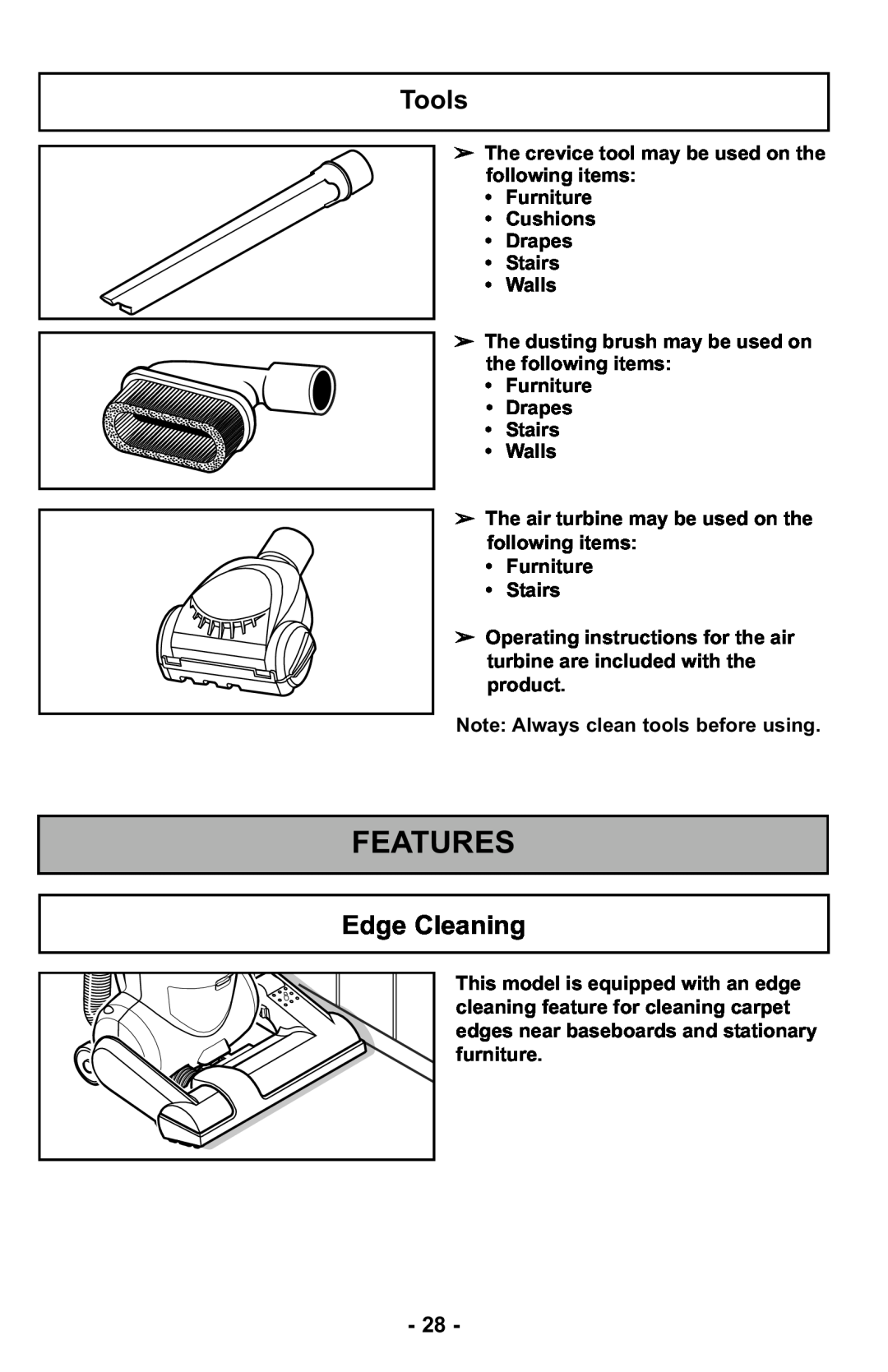 Panasonic MC-UL425 manuel dutilisation Features, Tools, Edge Cleaning 
