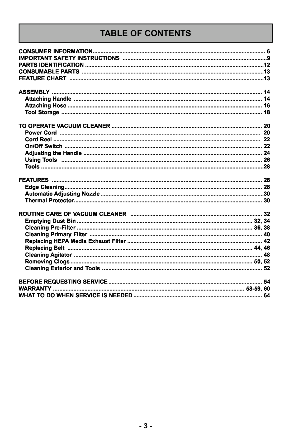 Panasonic MC-UL425 manuel dutilisation Table Of Contents 