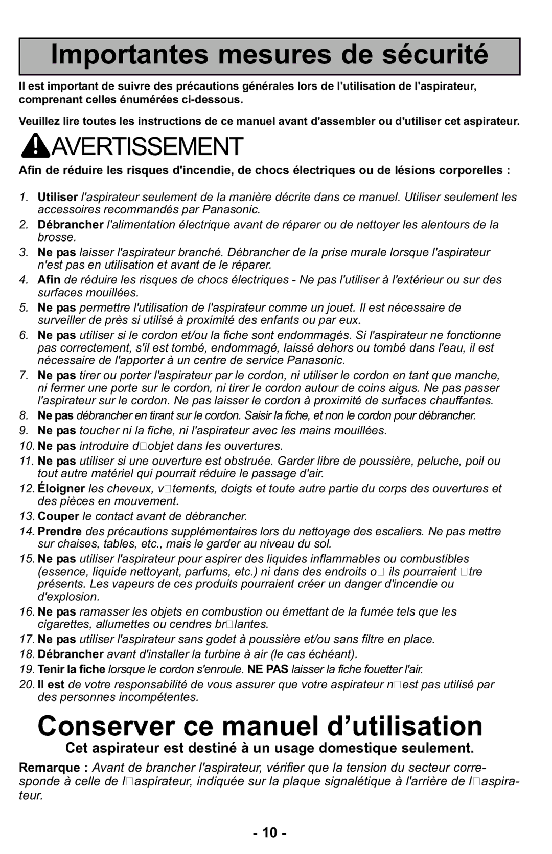 Panasonic MC-UL427 operating instructions Importantes mesures de sécurité 