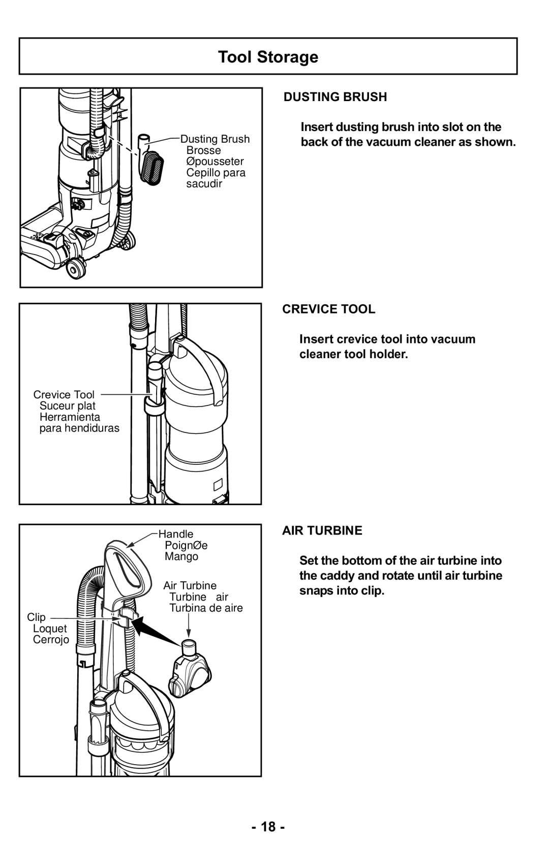 Panasonic MC-UL427 operating instructions Tool Storage, Crevice Tool 