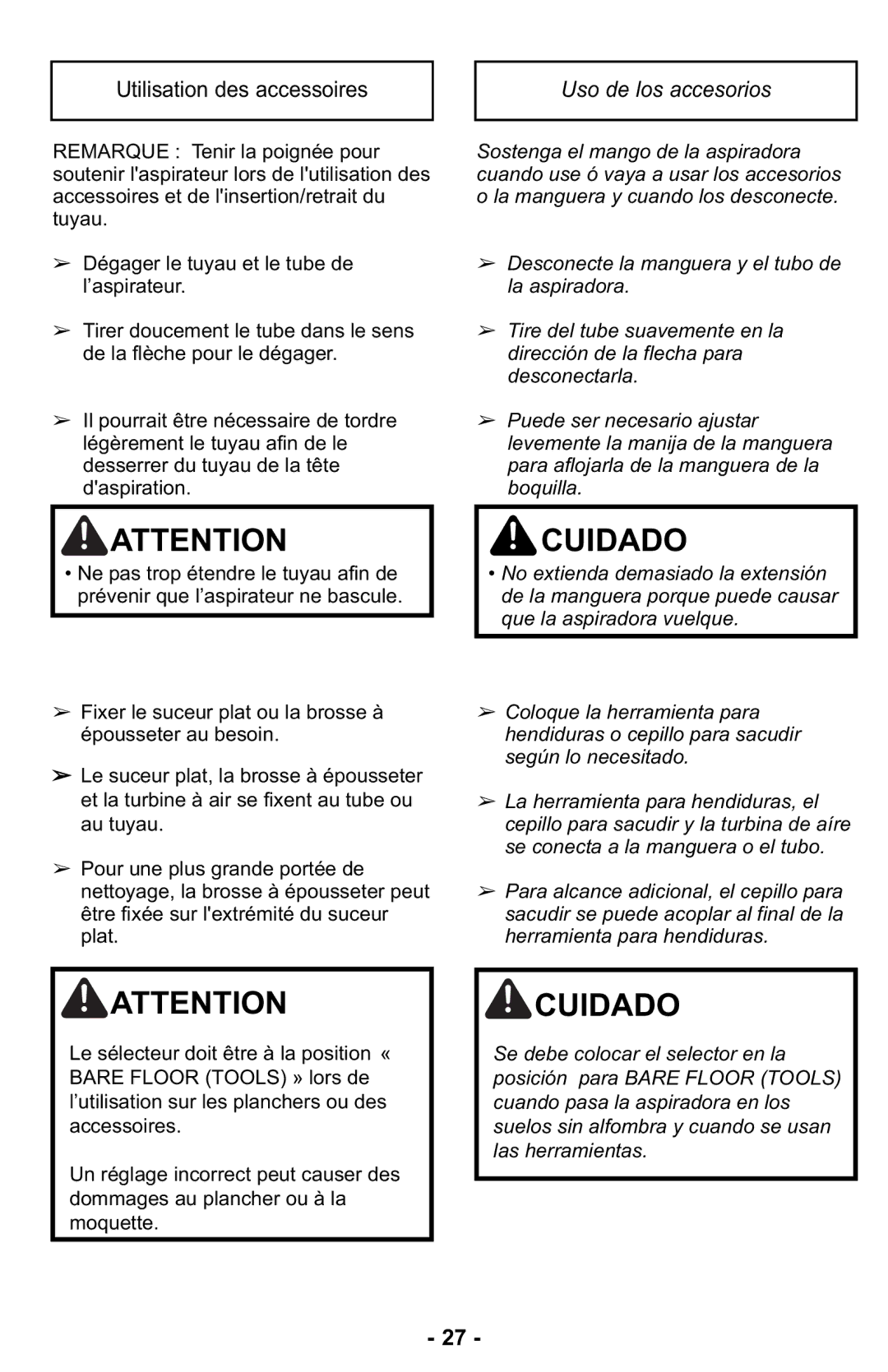 Panasonic MC-UL427 operating instructions Utilisation des accessoires, Uso de los accesorios 