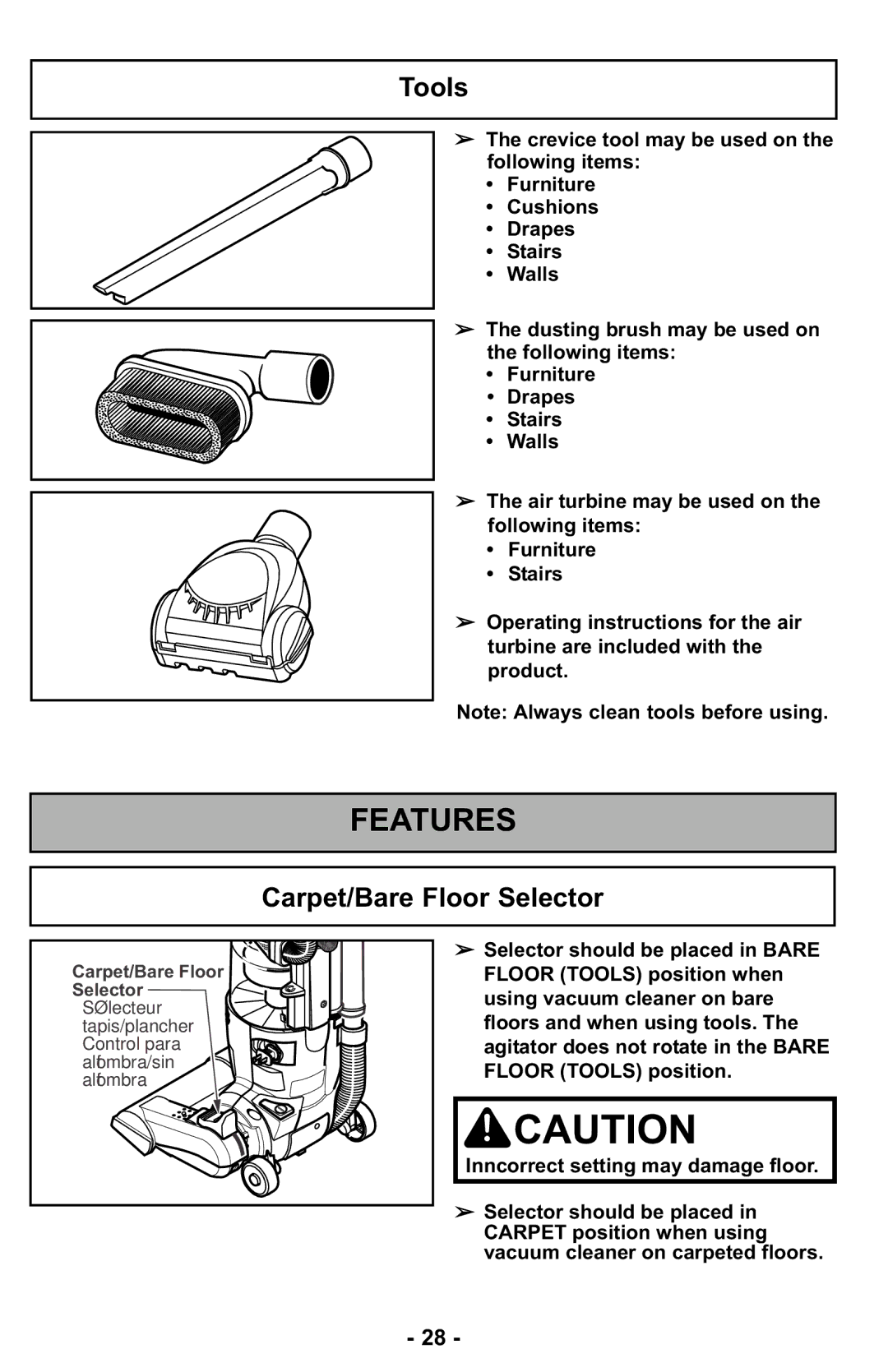 Panasonic MC-UL427 operating instructions Tools, Carpet/Bare Floor Selector 