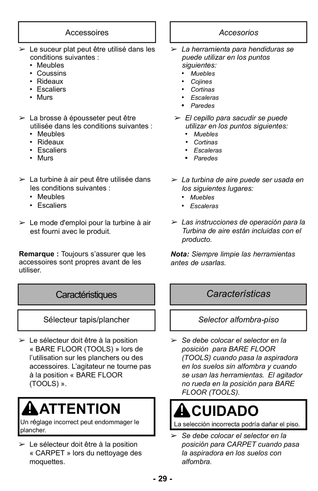 Panasonic MC-UL427 operating instructions Accessoires, Accesorios, Sélecteur tapis/plancher, Selector alfombra-piso 