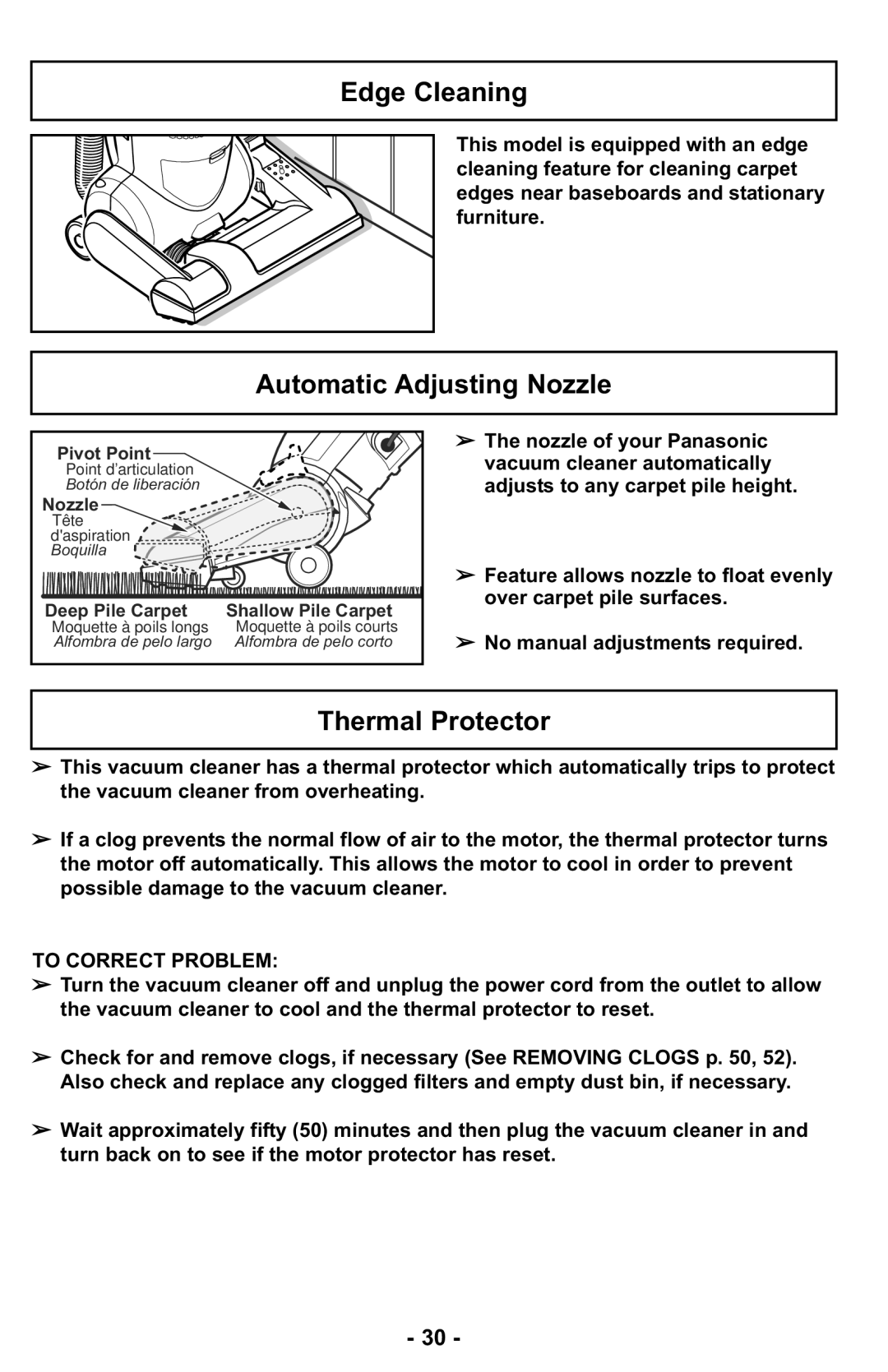 Panasonic MC-UL427 operating instructions Edge Cleaning, Automatic Adjusting Nozzle, Thermal Protector 