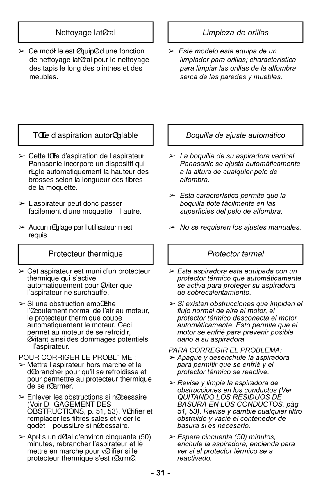 Panasonic MC-UL427 operating instructions Limpieza de orillas, Boquilla de ajuste automático, Protector termal 