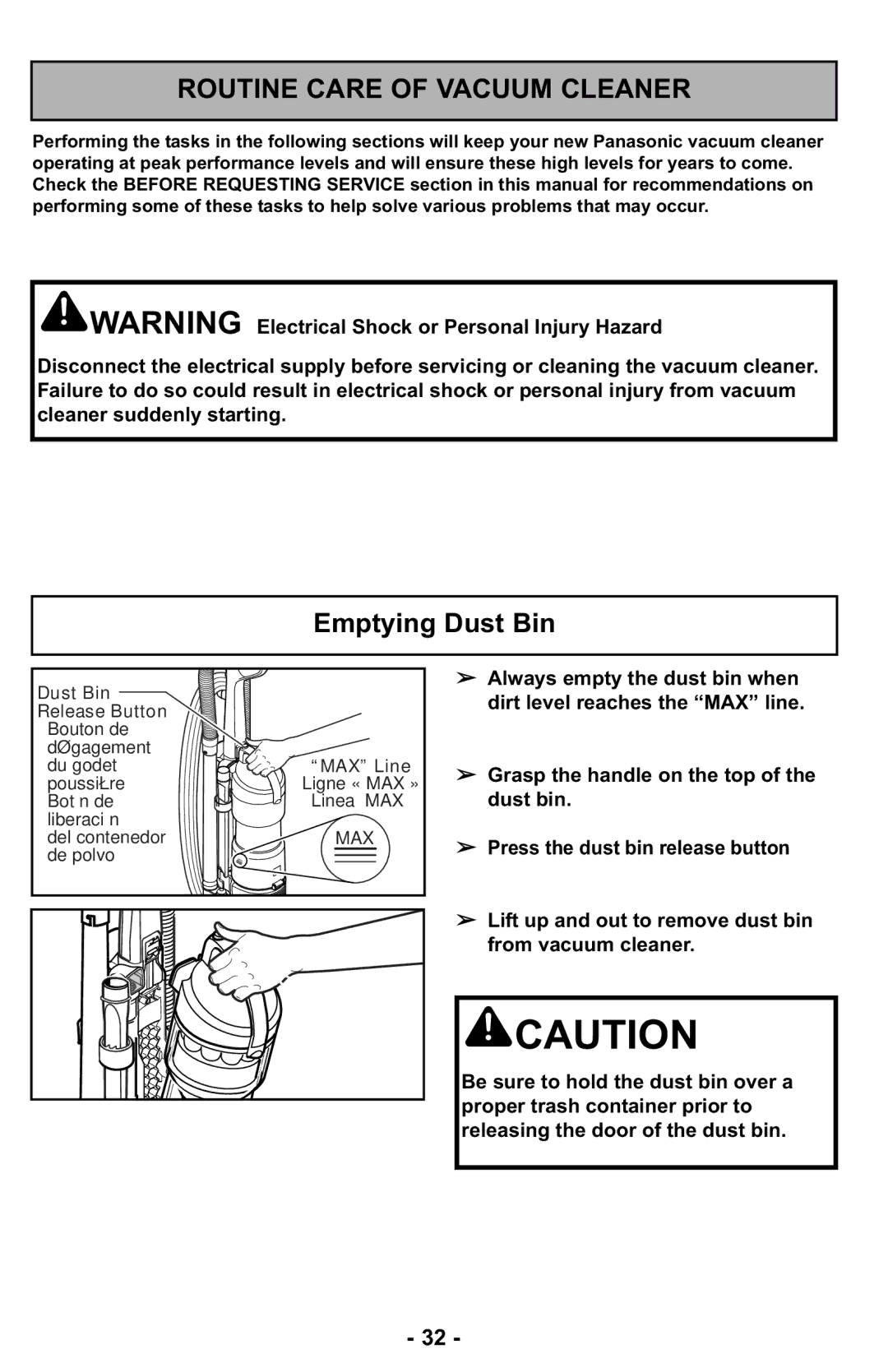 Panasonic MC-UL427 operating instructions Routine Care of Vacuum Cleaner, Emptying Dust Bin 