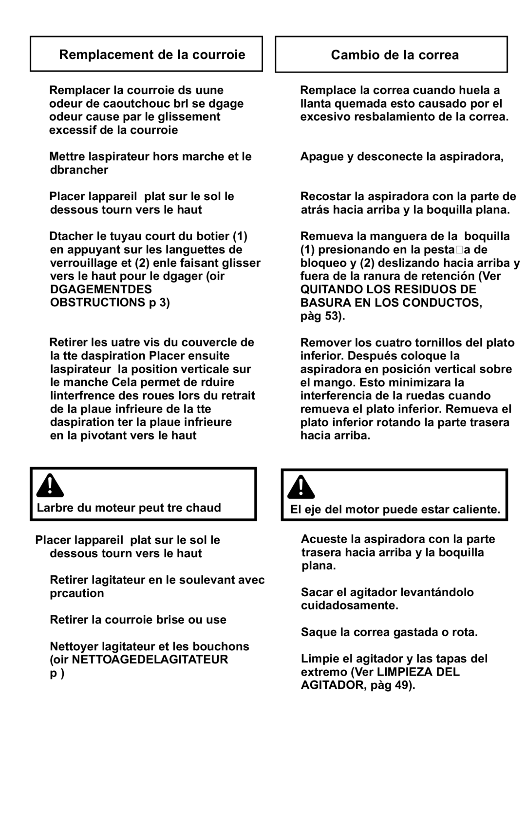 Panasonic MC-UL427 operating instructions Remplacement de la courroie, Cambio de la correa 