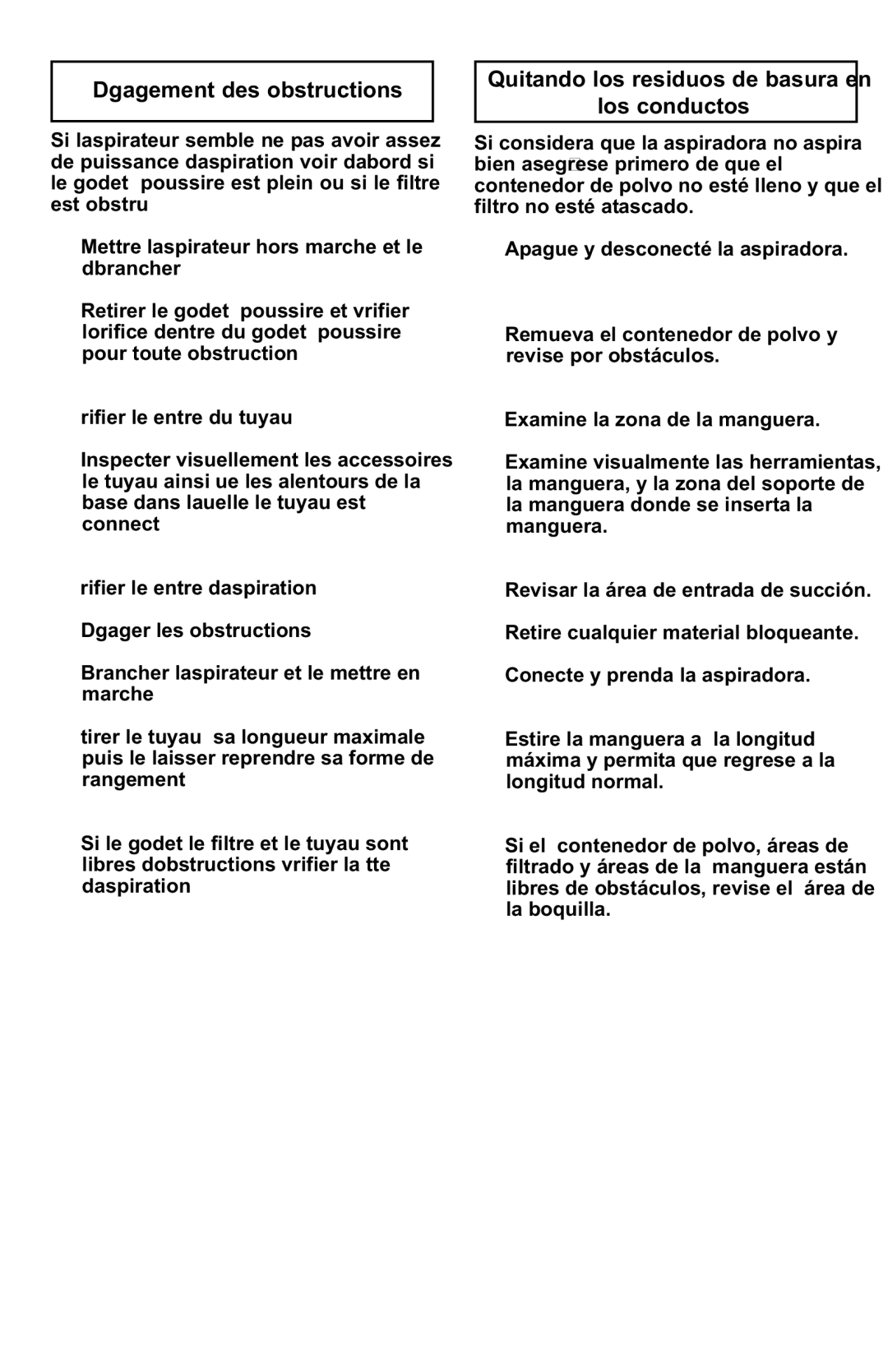 Panasonic MC-UL427 operating instructions Dégagement des obstructions, Quitando los residuos de basura en Los conductos 