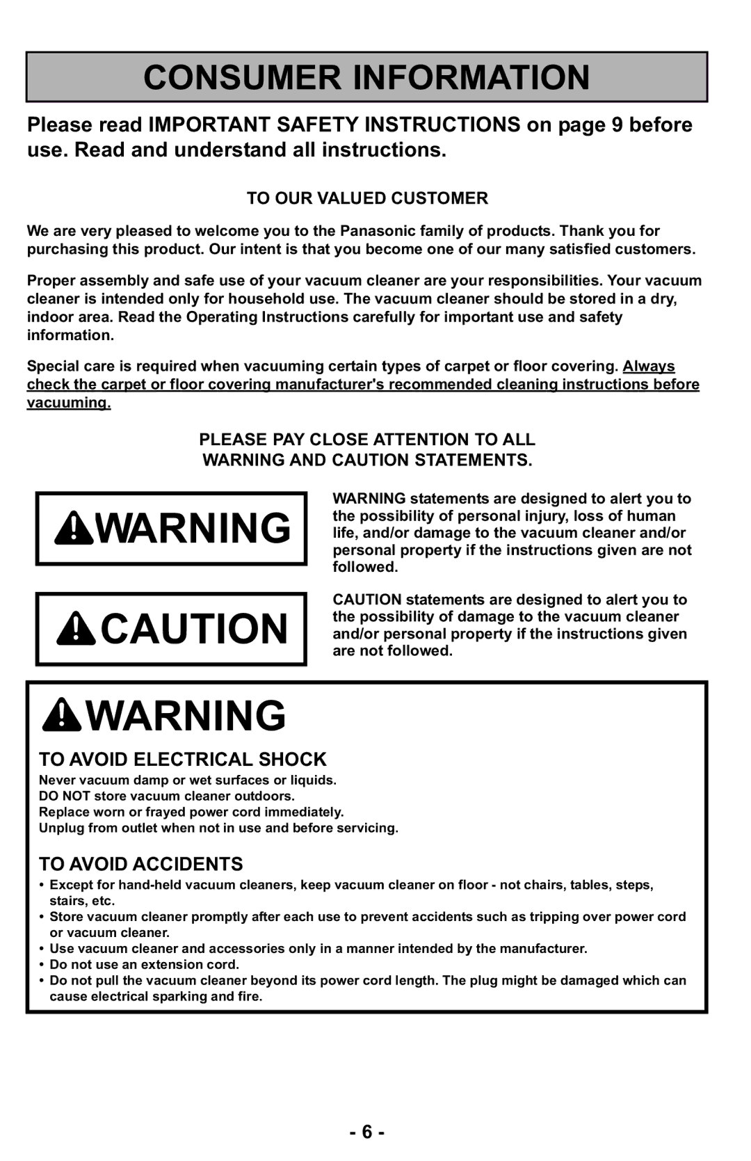 Panasonic MC-UL427 operating instructions Consumer Information 