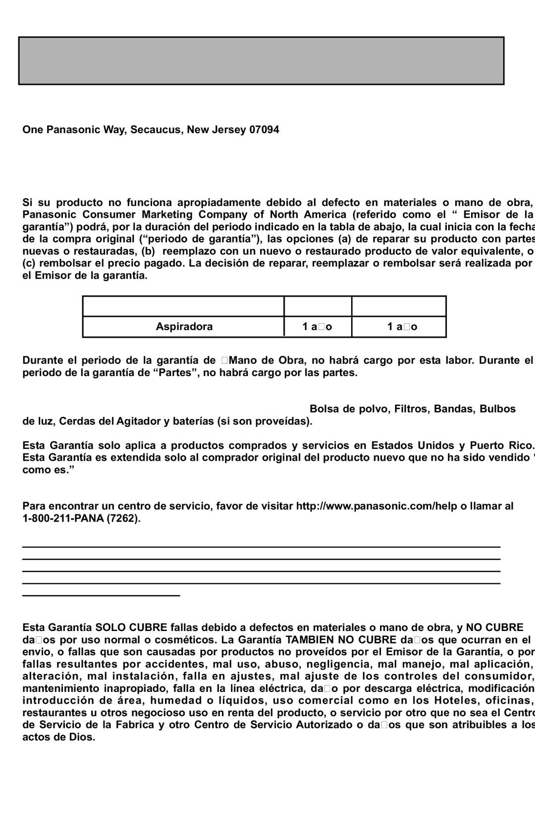 Panasonic MC-UL427 operating instructions Garantía Limitada, Solo Para Estados Unidos Y Puerto Rico 