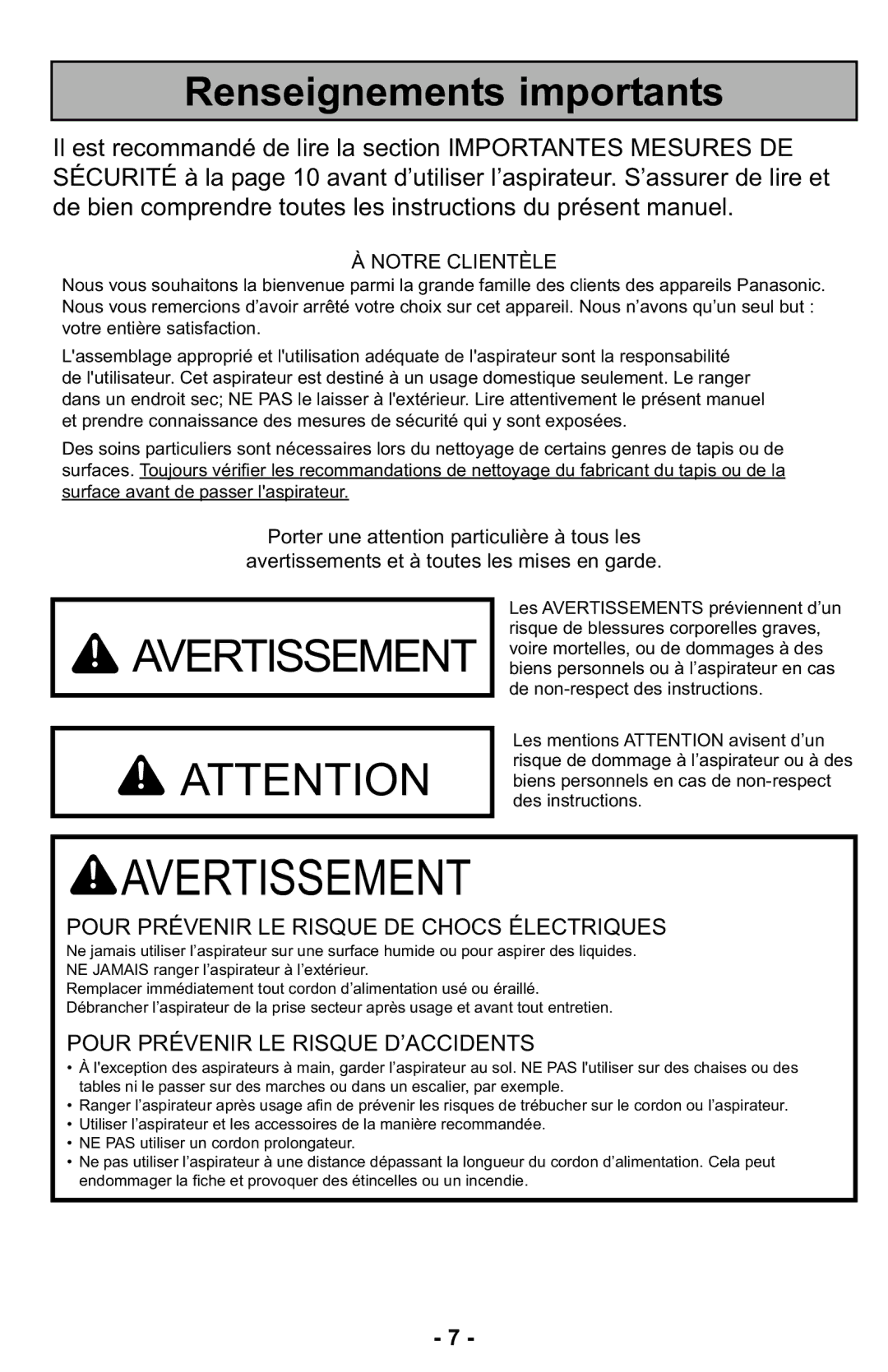 Panasonic MC-UL427 operating instructions Avertissement 